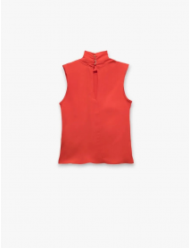 Düğmeli Asimetrik Dik Yaka Kolsuz Krep Bluz