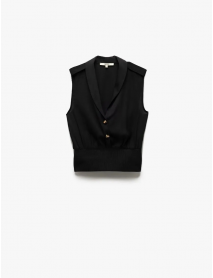 Beli Ribanalı Kumaş Detaylı Ceket Yaka Düğmeli Kolsuz Krep Bluz