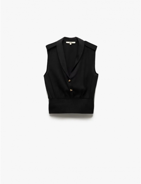 Beli Ribanalı Kumaş Detaylı Ceket Yaka Düğmeli Kolsuz Krep Bluz