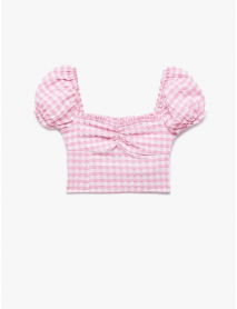 Balon Kol Fırfırlı Yaka Gipeli Pötikareli Crop Bluz