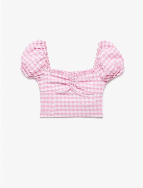 Balon Kol Fırfırlı Yaka Gipeli Pötikareli Crop Bluz