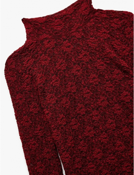 Slim Fit Uzun Kollu Dik Yaka Floral Dokulu Dantelli Bluz