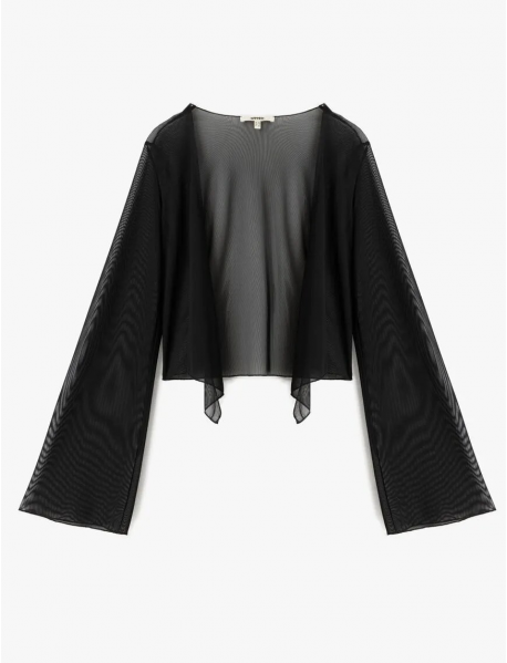 Uzun Kollu V Yaka Önden Bağlamalı Transparan Tül Crop Bluz