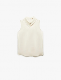 Aksesuarlı Asimetrik Gömlek Yaka Kolsuz Saten Bluz