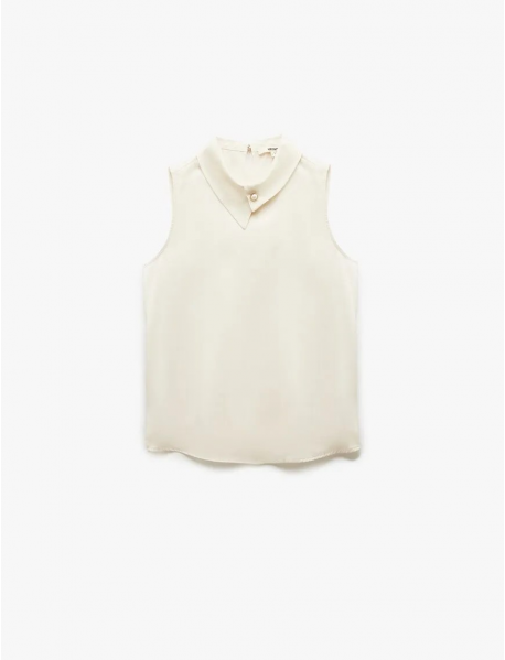 Aksesuarlı Asimetrik Gömlek Yaka Kolsuz Saten Bluz