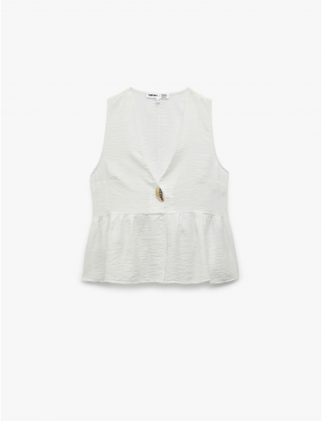 Koton X Melis Ağazat - Deniz Kabuğu Aksesuar Detaylı V Yaka Kolsuz Peplum Bluz