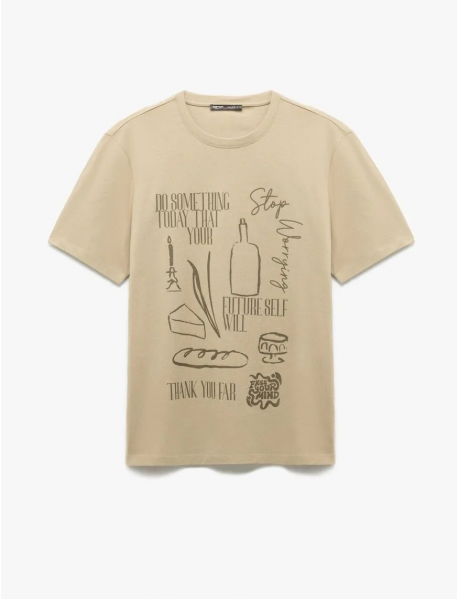 Kısa Kollu Regular Fit Pamuklu Bisiklet Yaka Baskılı Tişört