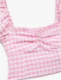 Balon Kol Fırfırlı Yaka Gipeli Pötikareli Crop Bluz