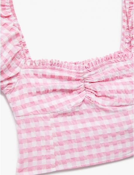 Balon Kol Fırfırlı Yaka Gipeli Pötikareli Crop Bluz