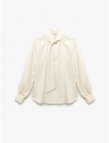 Uzun Kollu Bağlama Detaylı Fular Yaka Saten Bluz