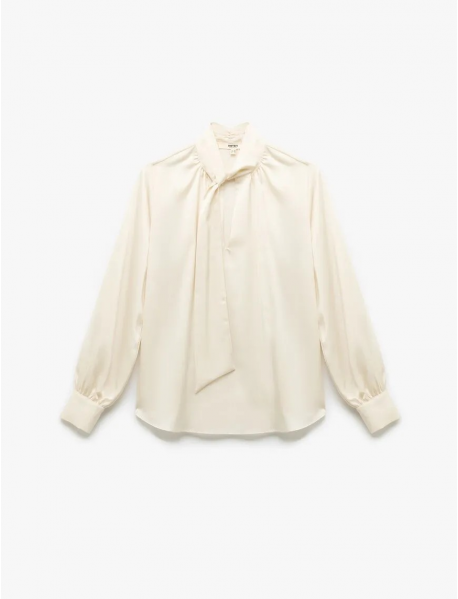 Uzun Kollu Bağlama Detaylı Fular Yaka Saten Bluz