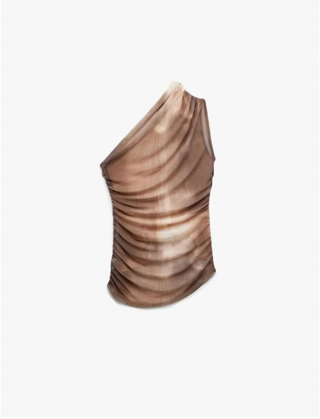 Koton X Sima Tarkan - Slim Fit Drape Detaylı Batik Desenli Tek Omuz Bluz