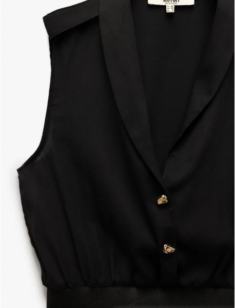 Beli Ribanalı Kumaş Detaylı Ceket Yaka Düğmeli Kolsuz Krep Bluz