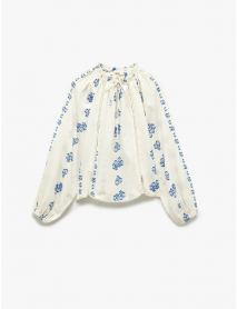 Pamuklu Bağlamalı Yaka Uzun Balon Kollu Fistolu Çiçekli Bluz