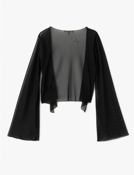 Uzun Kollu V Yaka Önden Bağlamalı Transparan Tül Crop Bluz