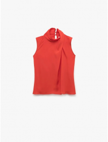 Düğmeli Asimetrik Dik Yaka Kolsuz Krep Bluz