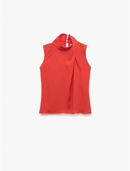 Düğmeli Asimetrik Dik Yaka Kolsuz Krep Bluz