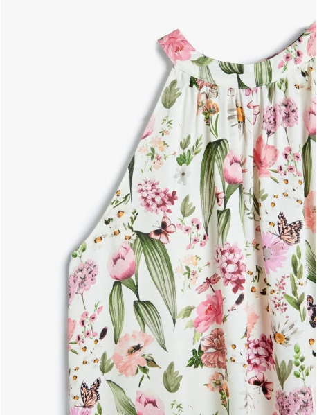 Çiçek Desenli Kolsuz Halter Yaka Viskon B