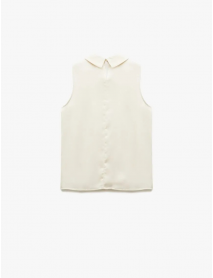 Aksesuarlı Asimetrik Gömlek Yaka Kolsuz Saten Bluz