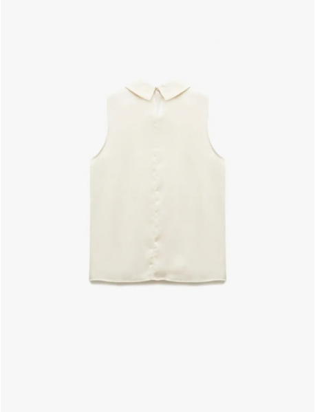 Aksesuarlı Asimetrik Gömlek Yaka Kolsuz Saten Bluz