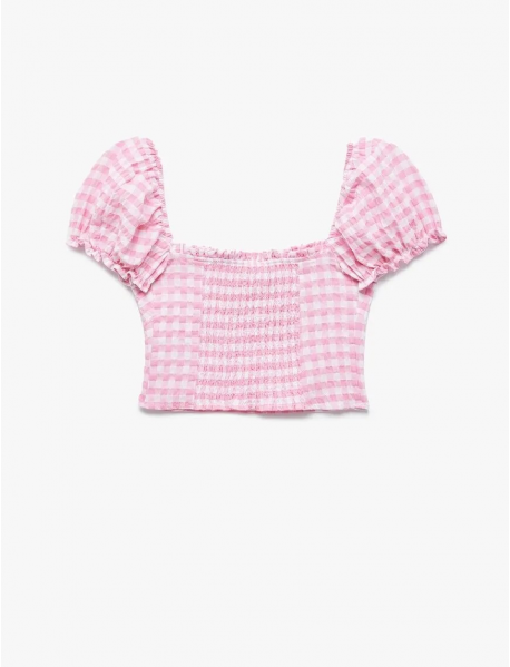 Balon Kol Fırfırlı Yaka Gipeli Pötikareli Crop Bluz