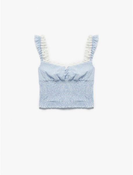 Koton X İnji - Dantelli Balerin Yaka Gipeli Pötikareli Kolsuz Crop Bluz