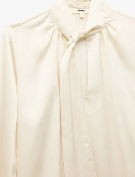 Uzun Kollu Bağlama Detaylı Fular Yaka Saten Bluz