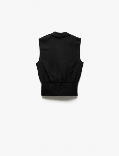 Beli Ribanalı Kumaş Detaylı Ceket Yaka Düğmeli Kolsuz Krep Bluz