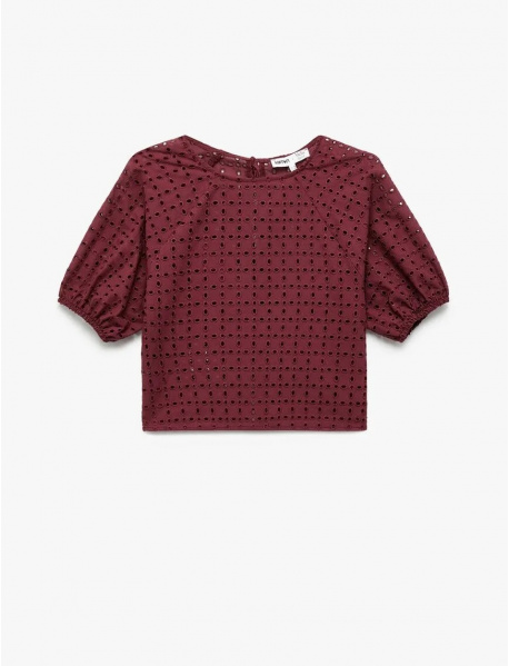 Koton X Melis Ağazat - Pamuklu Astarlı Brodeli Fistolu Kısa Kollu Bisiklet Yaka Bluz