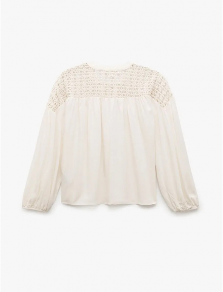 Bağcıklı Yuvarlak Yaka Uzun Balon Kollu Kroşe Detaylı İncili Bluz