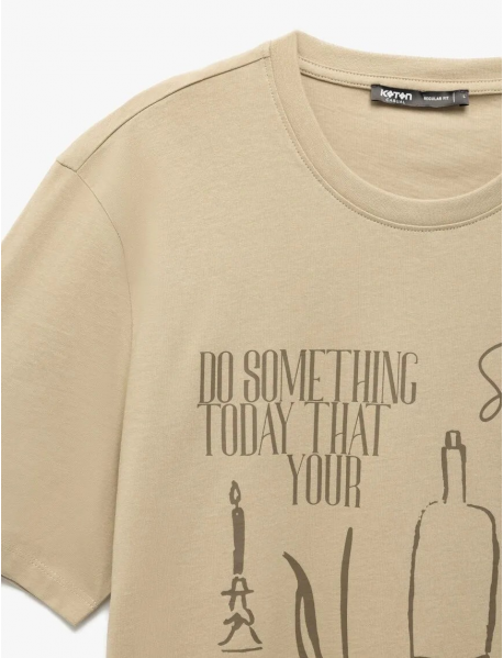 Kısa Kollu Regular Fit Pamuklu Bisiklet Yaka Baskılı Tişört