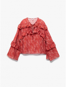 Koton X Melis Ağazat - Uzun Kollu Bağlama Yaka Detaylı Desenli Fırfırlı Bluz